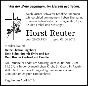 Traueranzeige von Horst Reuter von Mitteldeutsche Zeitung Bitterfeld