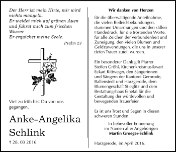 Traueranzeige von Anke-Angelika Schlink von Mitteldeutsche Zeitung Quedlinburg