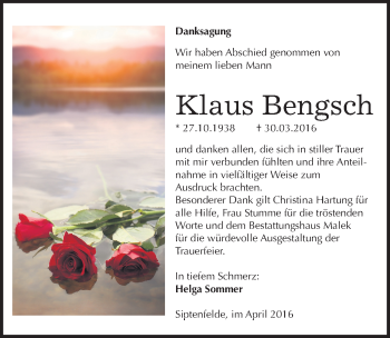 Traueranzeige von Klaus Bengsch von Mitteldeutsche Zeitung Quedlinburg