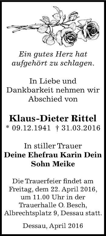 Traueranzeige von Klaus-Dieter Rittel von Mitteldeutsche Zeitung Dessau-Roßlau