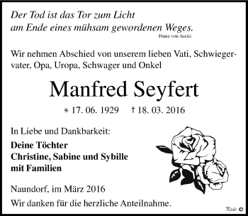Traueranzeige von Manfred Seyfert von Mitteldeutsche Zeitung