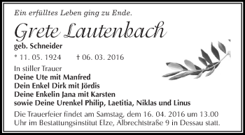 Traueranzeige von Grete Lautenbach von WVG - Wochenspiegel Dessau / Köthen