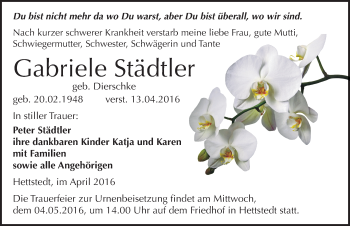 Traueranzeige von Gabriele Städtler von Mitteldeutsche Zeitung Mansfelder Land