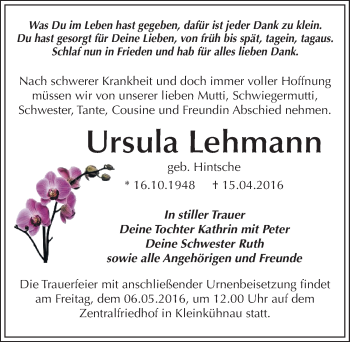 Traueranzeige von Ursula Lehmann von Mitteldeutsche Zeitung Dessau-Roßlau