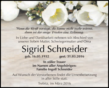 Traueranzeige von Sigrid Schneider von Mitteldeutsche Zeitung Wittenberg