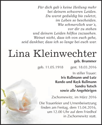 Traueranzeige von Lina Kleinwechter von WVG - Wochenspiegel Wittenberg