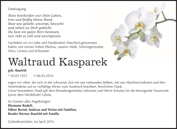 Traueranzeige von Waltraud Kasparek von WVG - Wochenspiegel Wittenberg