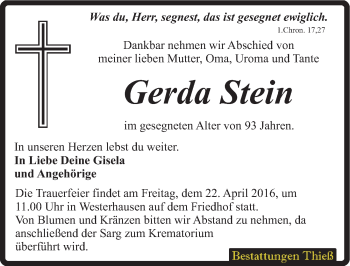 Traueranzeige von Gerda Stein von Mitteldeutsche Zeitung Quedlinburg