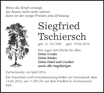 Traueranzeige von Siegfried Tschiersch von WVG - Wochenspiegel Wittenberg