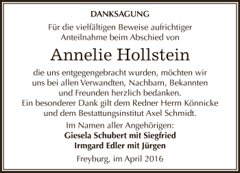 Traueranzeige von Annelie Hollstein von WVG - Wochenspiegel NMB / WSF / ZTZ