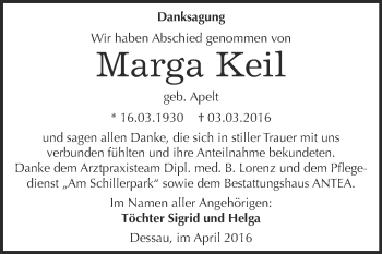 Traueranzeige von Marga Keil von WVG - Wochenspiegel Dessau / Köthen