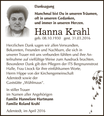 Traueranzeige von Hanna Krahl von Super Sonntag Bernburg