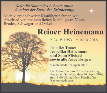 Traueranzeige von Reiner Heinemann von Mitteldeutsche Zeitung Aschersleben
