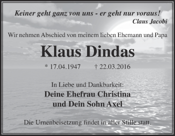 Traueranzeige von Klaus Dindas von WVG - Wochenspiegel Dessau / Köthen