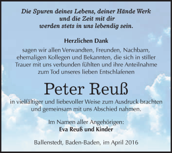 Traueranzeige von Peter Reuß von WVG - Wochenspiegel Quedlinburg