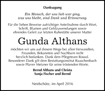 Traueranzeige von Gunda Althans von Mitteldeutsche Zeitung Naumburg/Nebra