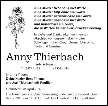 Traueranzeige von Anny Thierbach von Mitteldeutsche Zeitung Halle/Saalkreis