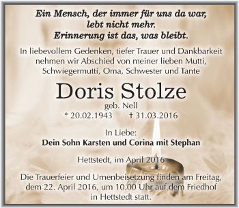 Traueranzeige von Doris Stolze von Mitteldeutsche Zeitung Mansfelder Land