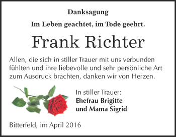 Traueranzeige von Frank Richter von WVG - Wochenspiegel Bitterfeld