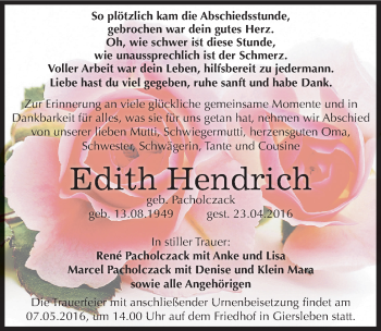 Traueranzeige von Edith Hendrich von Mitteldeutsche Zeitung Aschersleben