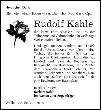 Traueranzeige von Rudolf Kahle von Mitteldeutsche Zeitung Sangerhausen