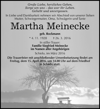 Traueranzeige von Martha Meinecke von Mitteldeutsche Zeitung Quedlinburg