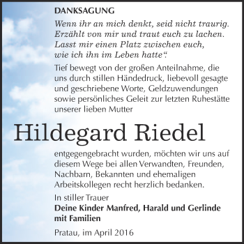 Traueranzeige von Hildegard Riedel von Super Sonntag Wittenberg