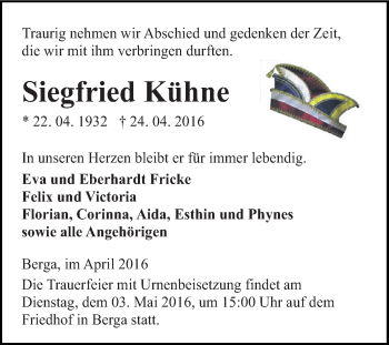 Traueranzeige von Siegfried Kühne von Super Sonntag SGH Mansf. Land
