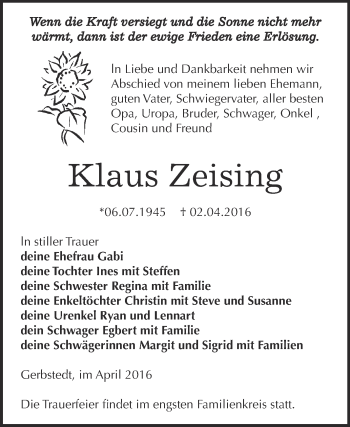 Traueranzeige von Klaus Zeising von Super Sonntag SGH Mansf. Land