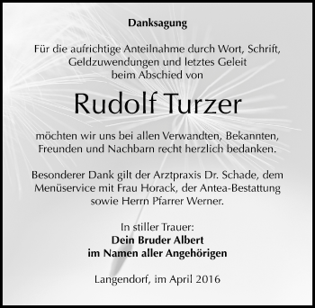 Traueranzeige von Rudolf Turzer von Mitteldeutsche Zeitung Weißenfels