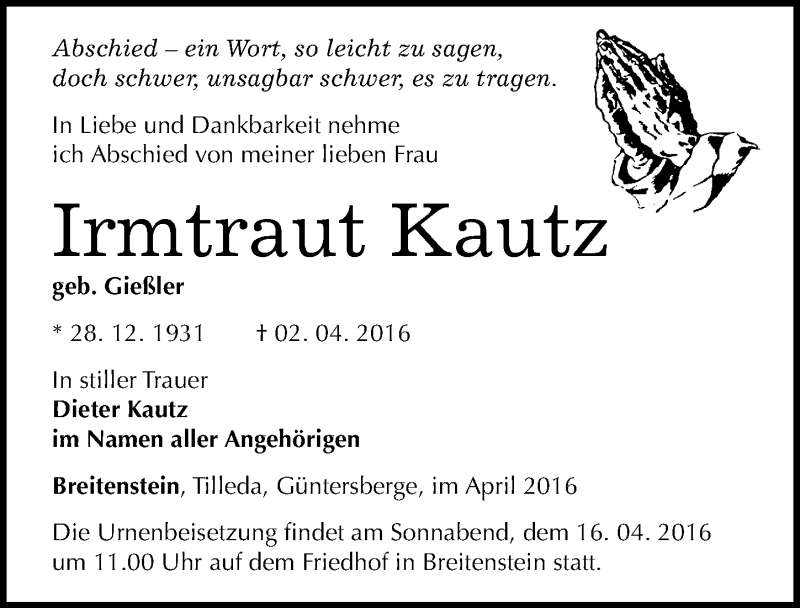  Traueranzeige für Irmtraut Kautz vom 09.04.2016 aus Mitteldeutsche Zeitung Sangerhausen