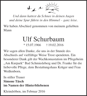 Traueranzeige von Ulf Schurbaum von Super Sonntag Wittenberg