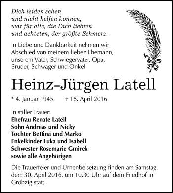 Traueranzeige von Heinz-Jürgen Latell von WVG - Wochenspiegel Dessau / Köthen