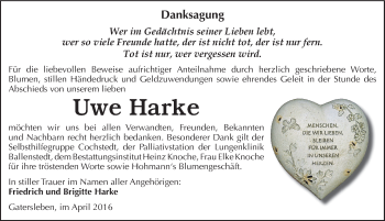 Traueranzeige von Uwe Harke von Mitteldeutsche Zeitung Aschersleben