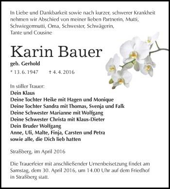 Traueranzeige von Karin Bauer von Super Sonntag SGH Mansf. Land