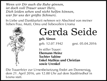 Traueranzeige von Gerda Seide von Mitteldeutsche Zeitung Merseburg/Querfurt
