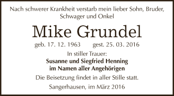 Traueranzeige von Mike Grundel von Super Sonntag SGH Mansf. Land