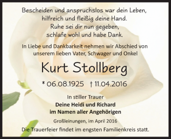 Traueranzeige von Kurt Stollberg von Mitteldeutsche Zeitung Sangerhausen