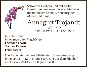 Traueranzeige von Annegret Trojandt von WVG - Wochenspiegel Dessau / Köthen