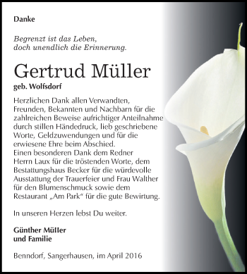 Traueranzeige von Gertrud Müller von Super Sonntag SGH Mansf. Land