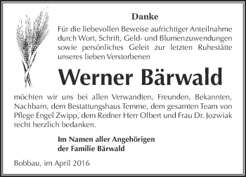 Traueranzeige von Werner Bärwald von WVG - Wochenspiegel Bitterfeld