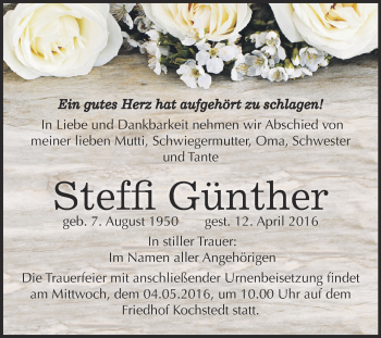 Traueranzeige von Steffi Günther von WVG - Wochenspiegel Dessau / Köthen