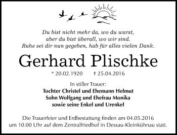 Traueranzeige von Gerhard Plischke von Mitteldeutsche Zeitung Dessau-Roßlau