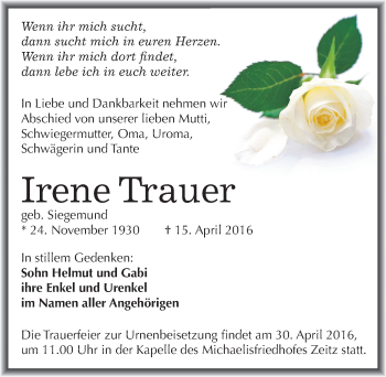 Traueranzeige von Irene Trauer von Mitteldeutsche Zeitung Zeitz