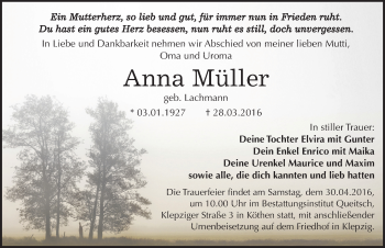 Traueranzeige von Anna Müller von Mitteldeutsche Zeitung Köthen