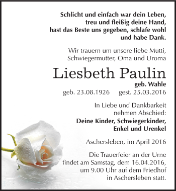 Traueranzeige von Liesbeth Paulin von Mitteldeutsche Zeitung Aschersleben