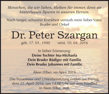 Traueranzeige von Peter Szargan von Mitteldeutsche Zeitung Halle/Saalkreis