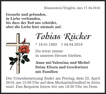 Traueranzeige von Tobias Rücker von Super Sonntag Zeitz