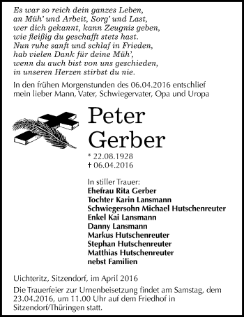 Traueranzeige von Peter Gerber von Mitteldeutsche Zeitung Weißenfels
