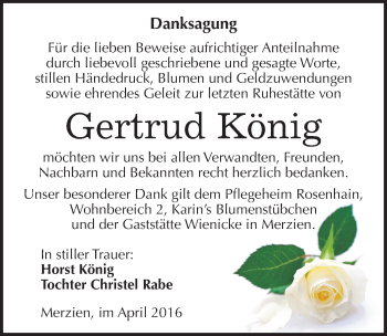 Traueranzeige von Gertrud König von Mitteldeutsche Zeitung Köthen